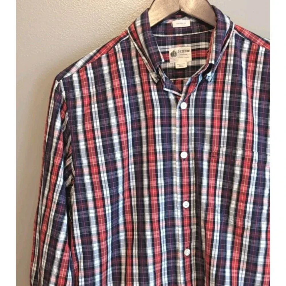 J. Crew Mens Small S Red Purple Tartan Plaid Dress Shirt Tailored Fit Button Up